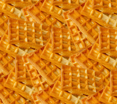 Belgian Waffle Isolated, Square Waffled Cookie, Soft Golden Belgium Waffles, Wafer Biscuit Breakfast on White Background Top View, Clipping Pathの写真素材