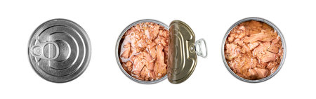 Canned Tuna Isolated, Albacore Fish Chunks in Open Tin Can, Tuna Oil Preserve, Seafood Canserve on White Background Top Viewの写真素材