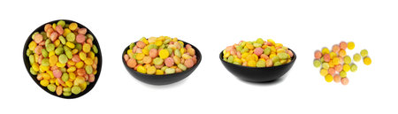 Colorful Breakfast Bolls Pile Isolated, Fruity Cereal Ball, Round Colorful Corn Cereals Collection on White Background Tの写真素材