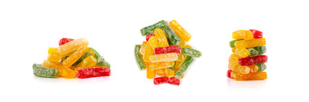 Rainbow Gummy Candy Pile Isolated, Sour Jelly Candies Strips in Sugar Sprinkle, Chewing Colorful Striped Marmalade, Gelatin Candies Set on White Backgroundの写真素材