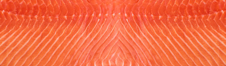 Natural Atlantic Norwegian Salmon Fillet Texture or Pattern Closeup. Macro Photo Fresh Red Fish or Trout Background Top Viewの写真素材