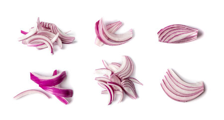 Red Onion Cuts Isolated, Raw Purple Onion Slices, Chopped Purple Onion Pieces on White Backgroundの写真素材