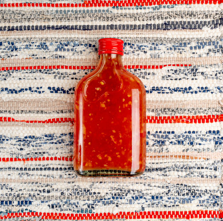 Sweet Chili Sauce Bottle Mockup, Red Asian Dip, Hot Thai Suki Sauce with Spices and Sugar, Sweet Chinese Chili Sauce on Wood Rustic Background with Copy Spaceの写真素材
