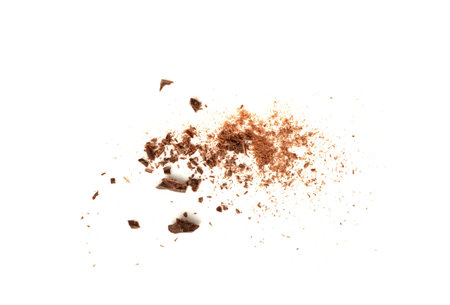 Grated Chocolate Isolated, Broken Crushed Chocolate Shavings, Crumbs Pile, Scattered Flakes, Cocoa Sprinkles for Desserts Decoration on White Background Top Viewの写真素材