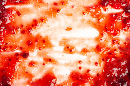 Cranberry Jam Smear Texture Background, Lingonberry Sauce Pattern, Cranberries Jelly Mockup, Cowberry Confiture Smudge Banner, Spilled Cranberry Sauce Background with Copy Space for Textの写真素材