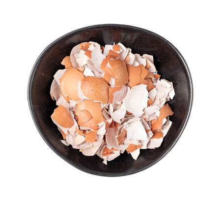 Broken Egg Shell in Bowl Isolated, Crushed Eggshell, Calcium Supplement, Cracked Eggshells, Natural Compost Ingredient, Broken Egg Shells on White Background Top Viewの写真素材