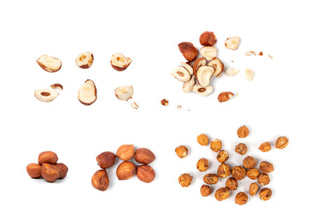 Nut Kernels, Hazelnuts Pile Isolated, Healthy Organic Nuts Group, Nut Kernels on White Backgroundの写真素材