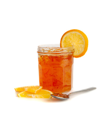 Orange Jam in Jar Isolated, Apricot Marmalade, Fruit Jelly Fruity Confiture, Yellow Red Syrup in Spoon, Mango Sauce, Orange Jam Jar on White Backgroundの写真素材
