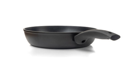 Non Stick Frying Pan Isolated, New Eempty Black Nonstick Cookware with Metal Handles Closeup, Frying Pan on White Backgroundの写真素材