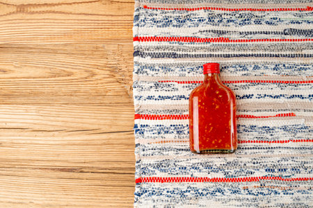 Sweet Chili Sauce Bottle Mockup, Red Asian Dip, Hot Thai Suki Sauce with Spices and Sugar, Sweet Chinese Chili Sauce on Wood Rustic Background with Copy Spaceの写真素材