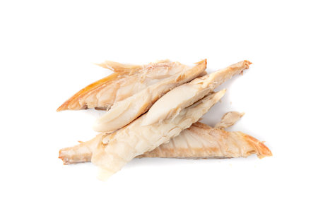 Smoked Fish Meat Isolated, Diet Blue Warehou Fillet, Seriolella Brama or Common Warehou, Subspecies of Tuna, Hot Smoked Fish Meat Pieces on White Backgroundの写真素材