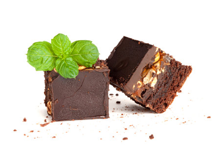 Nut Brownie, Homemade German Chocolate Cake, Chocolate Peanuts Cake, Brownie Square Piece on White Backgroundの写真素材