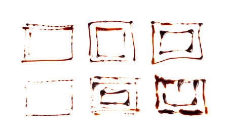 Chocolate Sauce Smear Frame Isolated, Choco Sauce Drop, Cream Line, Melt Chocolate Drizzle, Cocoa Sauce Flat Stroke, Brown Syrup Decoration, Soy Sauce on White Backgroundの写真素材