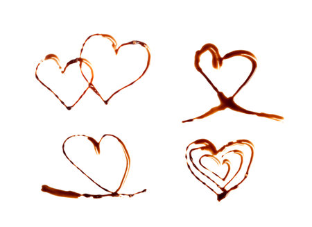 Chocolate Sauce Smear Isolated, Choco Sauce Drop, Cream Line, Melt Chocolate Drizzle, Cocoa Sauce Flat Stroke, Brown Syrup Decoration, Soy Sauce on White Backgroundの写真素材