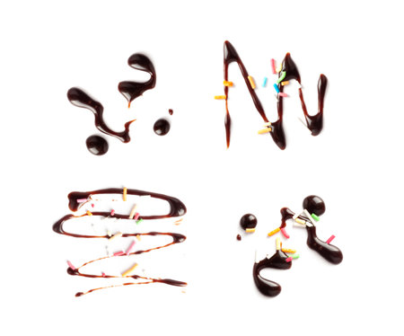 Chocolate Sauce Smear Isolated, Choco Sauce Drop, Cream Line, Melt Chocolate Drizzle, Cocoa Sauce Flat Stroke, Brown Syrup Decoration, Soy Sauce on White Backgroundの写真素材