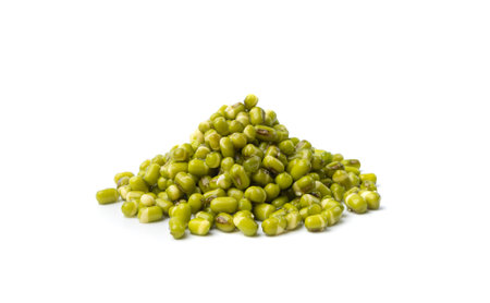 Soaked Mung Beans Isolated, Wet Vigna Radiata Seeds Pile, Macro Photo of Green Gram in Water, Raw Mung Beans, Maash or Moong, White Backgroundの写真素材