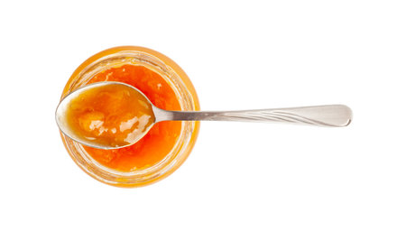 Orange Jam in Jar Isolated, Apricot Marmalade, Fruit Jelly Fruity Confiture, Yellow Red Syrup in Spoon, Mango Sauce, Orange Jam Jar on White Backgroundの写真素材