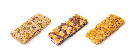 Nut Bar Isolated, Energy Snack with Nuts, Chocolate Muesli Dessert, Protein Candy Bar, Fitness Fruit and Nut Energy Breakfast on White Backgroundの写真素材