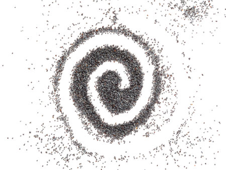 Poppy Seed Isolated, Scattered Blue Poppyseed Pile, Small Culinary Grains, Tiny Seeds, Oilseed Sprinkles for Cooking, Poppy Seed on White Backgroundの写真素材