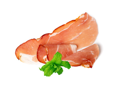 Prosciutto isolated. Spanish jamon slices, parma ham, sliced serrano, iberico, spanish ham, cured...