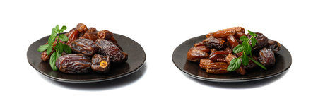 Big dates isolated. Dry date fruits heap, medjool, medjoul or majhool, royal dates with green leaves...