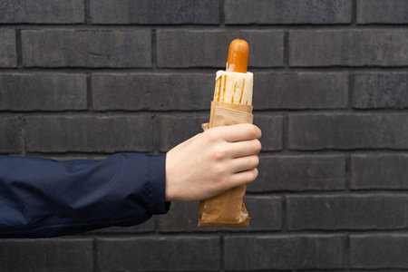 Hand Holding Hotdog on Black Street Wall Background. Sausage in Paper Package, Street Fast Food from Nearest Store, Hotdog on Black Backgroundの写真素材