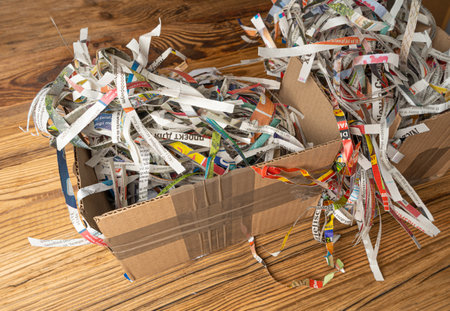 Shredded Newspaper Packaging, Paper Packing Box, Biodegradable Cardboard Packing Material, Ecology Recycle Soft Paper, Eco Friendly Wrappingの写真素材