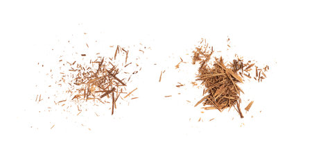Grated chocolate pile isolated. Crushed chocolate shavings, crumbs, flakes heap, cocoa sprinkles for...