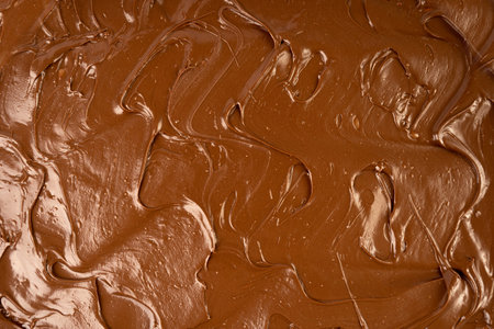 Melted Chocolate Texture Background, Chocolate Sauce Pattern, Cocoa Hazelnut Cream, Textured Chocolate Mockup, Liquid Dark Paste, Brown Creamy Banner with Copy Space for Textの写真素材
