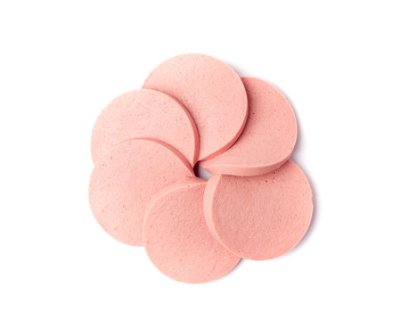 Mortadella Slice Isolated, Luncheon Meat Cut, Chicken Ham, Boiled Sausage for Breakfast, Mortadella Slices on White Backgroundの写真素材