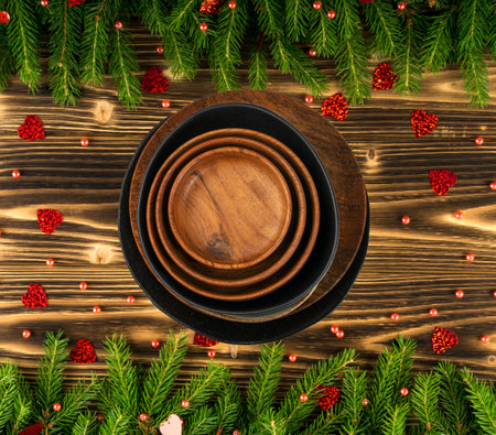 Christmas Dinner Table Mockup, Festive Home Decoration Background, Rustic Xmas Lunch Template, Wooden Dining Tableware with Copy Space Top Viewの写真素材