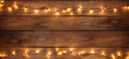 Christmas Light on Wooden Background Top View with Copyspace. Garland Lights on Vintage Wood Texture for New Year Frame or Xmas Mockup, Generative AI Illustrationの素材