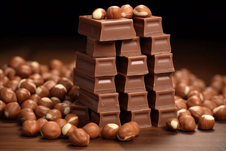 Hazelnut Chocolate, Stack of Pieces of Milk Chocolate with Whole Hazelnuts on Dark Background Closeup, Generative AI Illustrationの素材