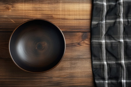 Empty Bowl Mockup, Black Plate on Wooden Table Top View with Copy Space for Text, Rustical Kitchen Mock Up, Empty Bowl with Cloth Napkin Fabric, Generative AI Illustrationの素材