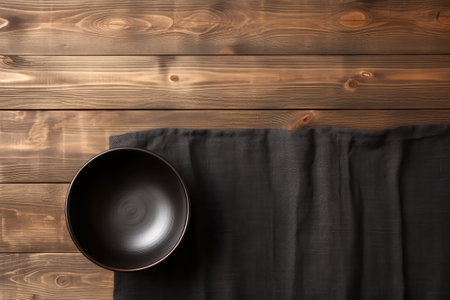 Empty Bowl Mockup, Black Plate on Wooden Table Top View with Copy Space for Text, Rustical Kitchen Mock Up, Empty Bowl with Cloth Napkin Fabric, Generative AI Illustrationの素材