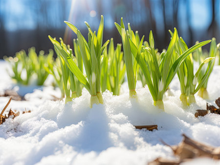Young Green Garlic Sprout in Snow on Black Bed Early Spring, Garlic Sprouts Rows, Dark Background, Spring Frosts Concept, Generative AI Illustrationの素材