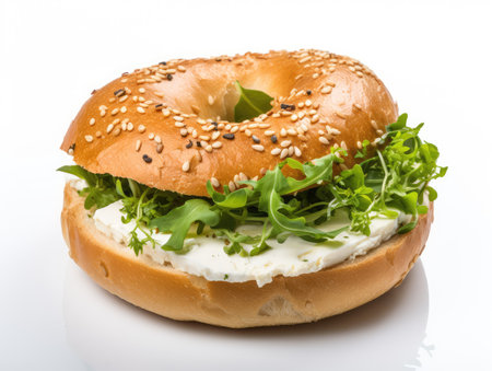 Halved Bagel with Soft Cheese and Greens Isolated, One Round Bread Bun, Wheat Bakery with Grains And Seeds for Breakfast, Plain Circle Bagel Bread on White Background, Generative AI Illustrationの素材