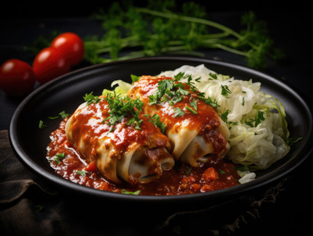 Cabbage Rolls with Mashed Potatoes, Cabbage Rolls Stuffed with Ground Meat and Rice, Traditional Polish Golabki, Golubtsy, German Kitchen, Bavarian Food, Generative AI Illustrationの素材