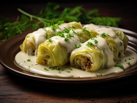 Cabbage Rolls with Mashed Potatoes, Cabbage Rolls Stuffed with Ground Meat and Rice, Traditional Polish Golabki, Golubtsy, German Kitchen, Bavarian Food, Generative AI Illustrationの素材