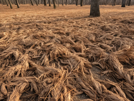 Dry Brown Grass on the Ground with Dried Leaves and Bark of Tree, Generative AI Illustrationの素材