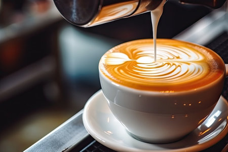 Coffee Cup with Latte or Cappuccino Art in Coffeeshop Closeup, Barista Makes Coffee with Milk in Coffee Shop Cafe Close Up, Generative AI Illustrationの素材