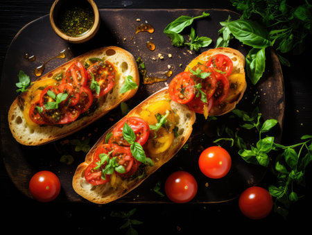 Color Bruschetta, Italian Baguette with Red and Yellow Tomatoes, Basil, Healthy Mediterranean Toast, Tomato Sandwiches Crostini, Generative AI Illustrationの素材