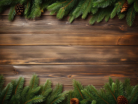 Christmas background with fir branches on vintage wooden backdrop top view. Yuletide floral frame decoration. Creative xmas tree border for New Year greeting card, Generative AI Illustrationの素材