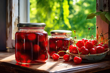 Cherries Compote in Glass Jars, Canned Fruit Drinks, Homemade Cherries Jam Jars on Rustic Window, Generative AI Illustrationの素材