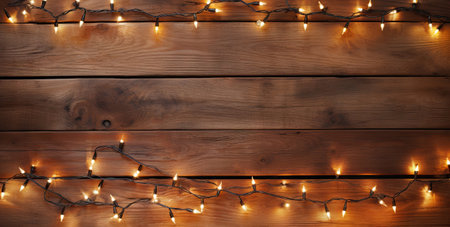 Christmas Light on Wooden Background Top View with Copyspace. Garland Lights on Vintage Wood Texture for New Year Frame or Xmas Mockup, Generative AI Illustrationの素材