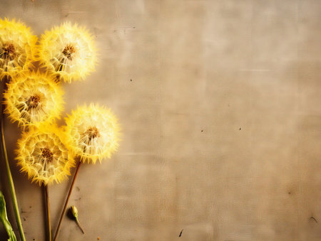 Dandelion Flowers on Burlap Rustic Background Mockup, Yellow Blossoms Wallpaper with Copy Space Top View, Generative AI Illustrationの素材