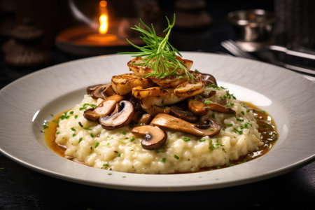 Mushroom Risotto on Elegant Restaurant Plate, Porcini Mushrooms Rissoto, Delicious Italian Risoto Lunch, Creamy Rice Food, Traditional Mushroom Risotto, Generative AI Illustrationの素材