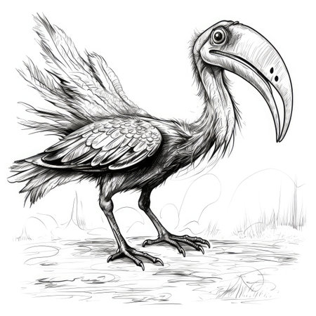 Pterodactyl Sketch, Doodle Crow, Fun Toucan, Scribble Bird Monster, Hand Drawn Rook, Sketched Marabou Character with Big Teeth and a Huge Beak, Generative AI Illustrationの素材