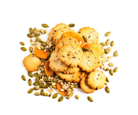 Pumpkin Seeds Cookies Isolated, Pepita Grains Biscuit, Healthy Cereal Crackers, Homemade Pumpkin Seed Cookie Group on White Background, Generative AI Illustrationの素材