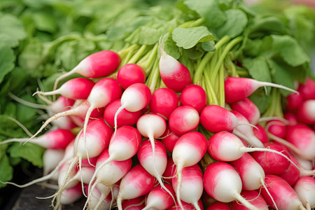 Many Radis Bunches in Market, Fresh Radish Root Bundle, Pile of Red Radishes with Green Leaves on Food Farm Sale Market, Generative AI Illustrationの素材